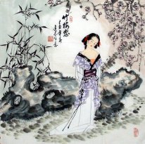 Mooie dame, bloemen - Chinees schilderij