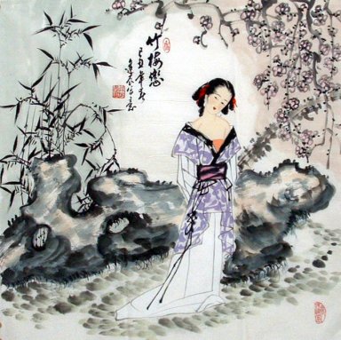 Beautiful lady, flowers - Chinese Painting