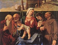 Oskuld och barn med Saints Jerome Peter Clare och Francis 1505
