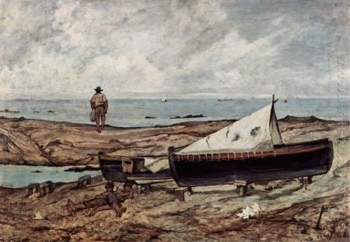Der graue Tag (Strand mit und Booten Fischern)