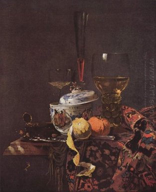 Still life with glassware and porcelain covered bowl