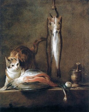 Bodegón con gato y pescado