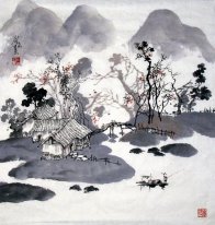 Liten bergsby - kinesisk målning