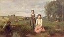 Kinder an einem Bach in der Landschaft Lormes