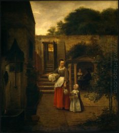 Mulher e criança em uma Courtyard