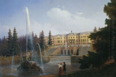 Vista della grande cascata in Petergof E Il Palazzo di Pete