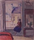 Интерьер Женская фигура у окна в студии 1920
