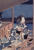 Moonlight View Of Tsukuda med Lady på en balkong 1856