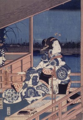 Moonlight View Of Tsukuda Dengan Lady On A Balcony 1856