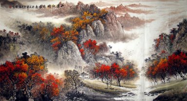 Montanhas, água, árvores - pintura chinesa