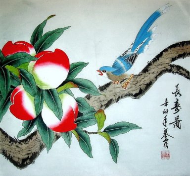Peach & Bird Pintura -Chinês