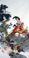 Vacker dam, fisk - kinesisk målning