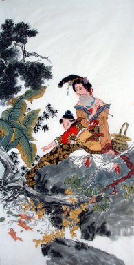 Mooie dame, Vis - Chinees schilderij