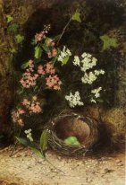 Ainda vida dos pássaros Ninho Com Primulas e flor de 1869