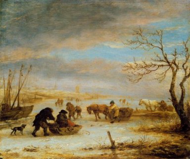 Bevroren Ijs Landschap met wagons en boten