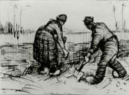 Peasant Man och kvinna Plantering Potatis 1885