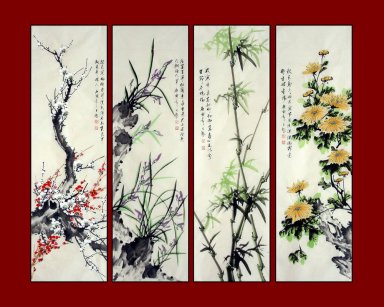 Слива, Орхидея, бамбука, хризантема-FourInOne - китайской живопи