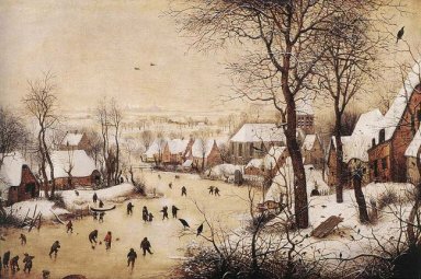 Paesaggio invernale con pattinatori e trappola di uccello 1565