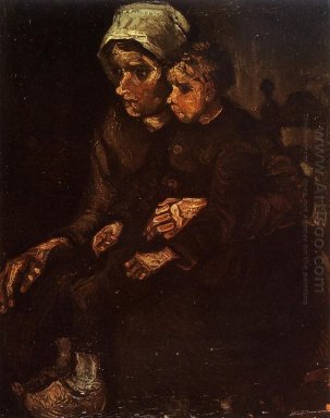 Bondaktig kvinna med ett barn i hennes knä 1885
