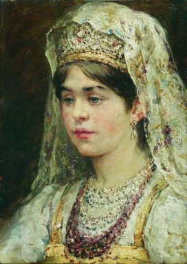 Porträt des Mädchens in einem russischen Kleid