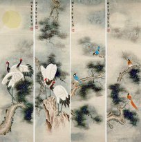 Crane & Pine (vier Leinwände) - Chinesische Malerei