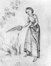Junge Frau Fanning Ein Feuer mit einem Vogel S-Flügel