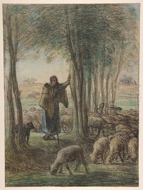 Een Schapenhoedster en haar kudde In de schaduw van de bomen 185