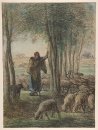 Une bergère et son troupeau dans l'ombre des arbres 1855