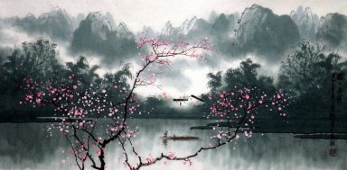 Pegunungan, Air, Bunga Plum - Lukisan Cina