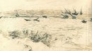 Playa del mar y barcos de pesca 1888