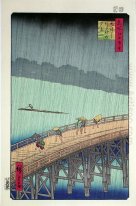 Chuveiro repentino sobre a ponte de Shin Ohashi em Atake de cem