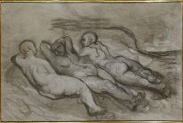 Studie av tre nakna kvinna Liggande vid foten av en klippa