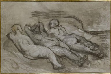 Studio di tre donne nude situata ai piedi di una rupe