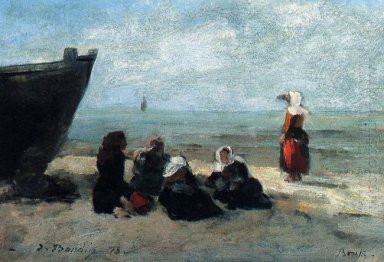Fisherwives attendons les bateaux pour retourner 1875
