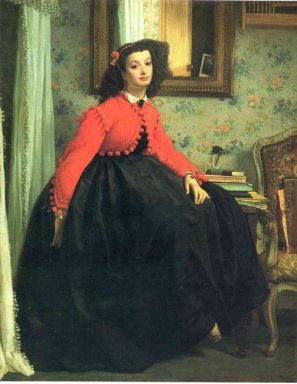 Stående av Mlle LL ung dam i en röd jacka 1864