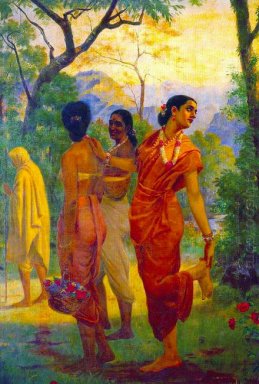 Shakuntala mirando hacia atrás a vislumbrar Dushyanta