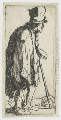 Pedinte Com Uma Mão Crippled apoiado em uma bengala 1629