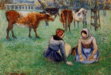Boeren zitten kijken naar koeien 1886
