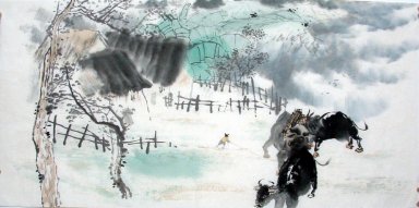 Cows, countyard - Chinese Painting