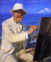 Auto-Retrato, Sentar-se pelo seu cavalete na praia de Skagen