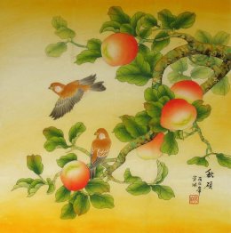 Peach & Burung - Lukisan Cina