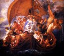 A Sagrada Família com personagens e animais em um barco 1652