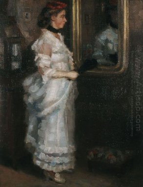Lady i spegeln med en fläkt