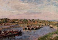 tomgångs pråmar på Loing kanalen vid saint Mammes 1885