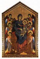 La Virgen y el niño en majestad rodeada por seis ángeles