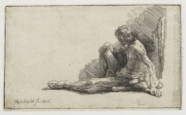 Hombre desnudo sentado en el suelo con una pierna extendida 1646