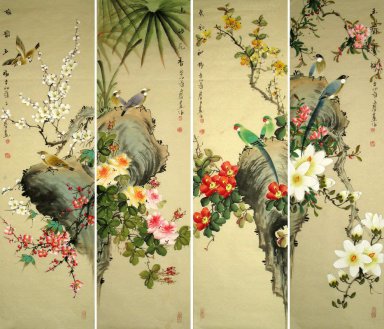 Birds & Flowers - (quattro schermi) - Pittura cinese