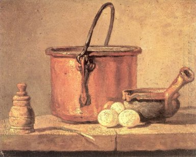Stilleven van kookgerei, Cauldron en kookpot en eieren