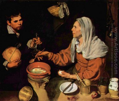 Gammal kvinna Frying Ägg 1618