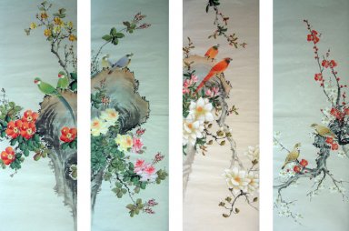 Birds & Flowers (quatro telas) - Pintura Chinesa
